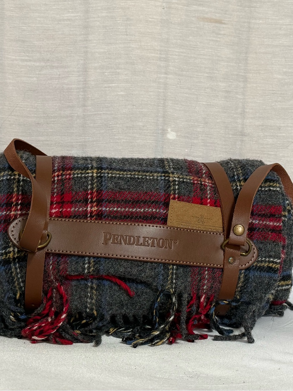 Pendleton Motor Robe Charcoal Stewart Wool Blanket Leather Carrier NWT